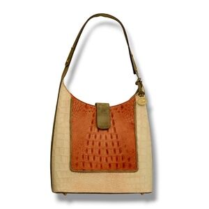 Brahmin Marianna Vintage Croc Embossed Leather Shoulder Bag Tri Color Gold Hardw